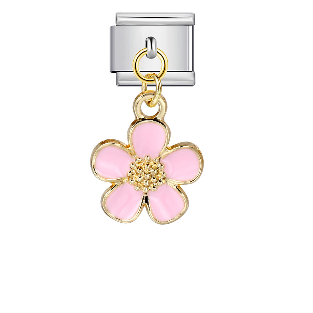 Italian charm modular bracelet with single flower handmade pendant, titanium steel watch strap.