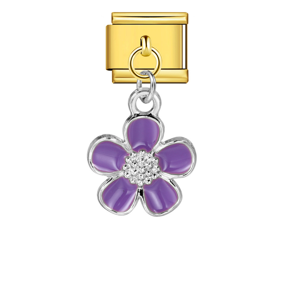 Italian charm modular bracelet with single flower handmade pendant, titanium steel watch strap.
