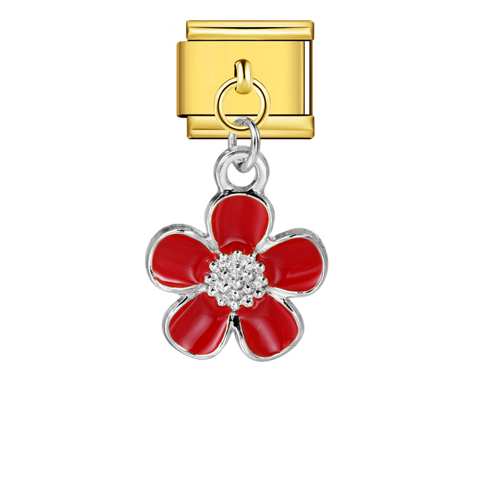 Italian charm modular bracelet with single flower handmade pendant, titanium steel watch strap.