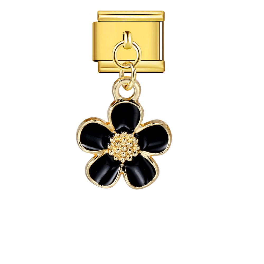 Italian charm modular bracelet with single flower handmade pendant, titanium steel watch strap.