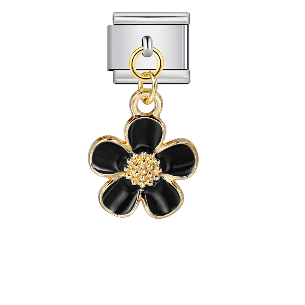Italian charm modular bracelet with single flower handmade pendant, titanium steel watch strap.