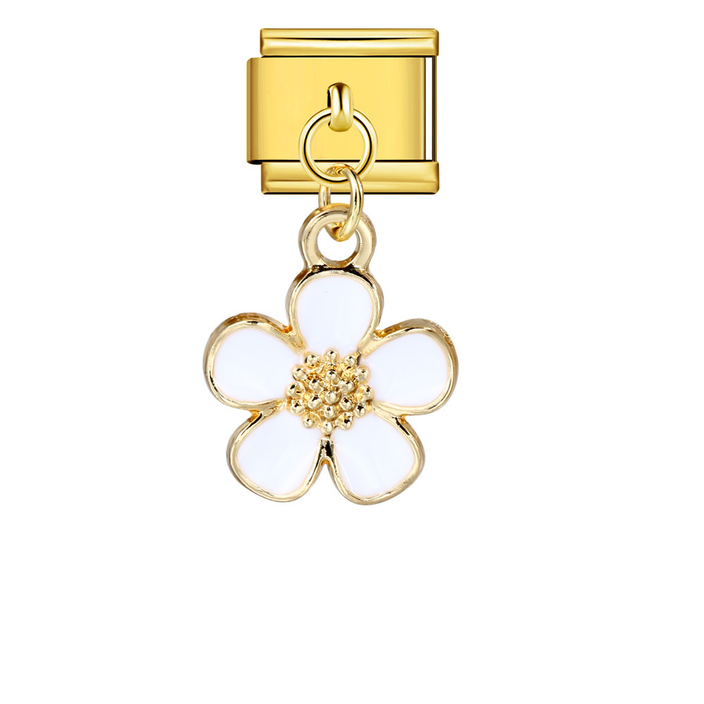 Italian charm modular bracelet with single flower handmade pendant, titanium steel watch strap.