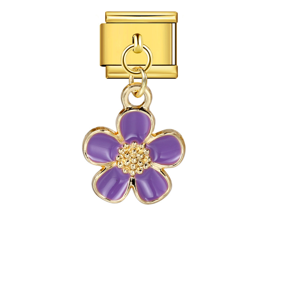 Italian charm modular bracelet with single flower handmade pendant, titanium steel watch strap.