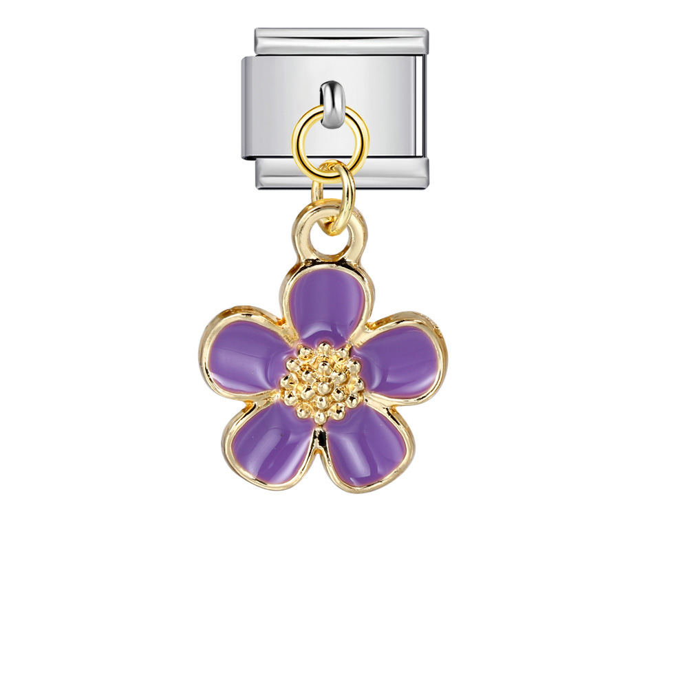 Italian charm modular bracelet with single flower handmade pendant, titanium steel watch strap.