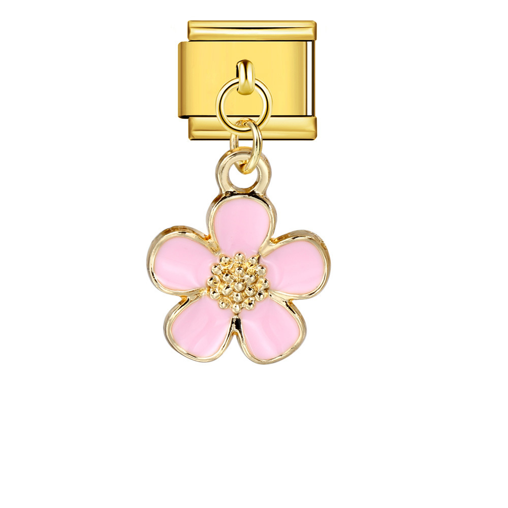 Italian charm modular bracelet with single flower handmade pendant, titanium steel watch strap.