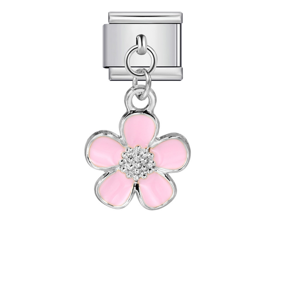 Italian charm modular bracelet with single flower handmade pendant, titanium steel watch strap.