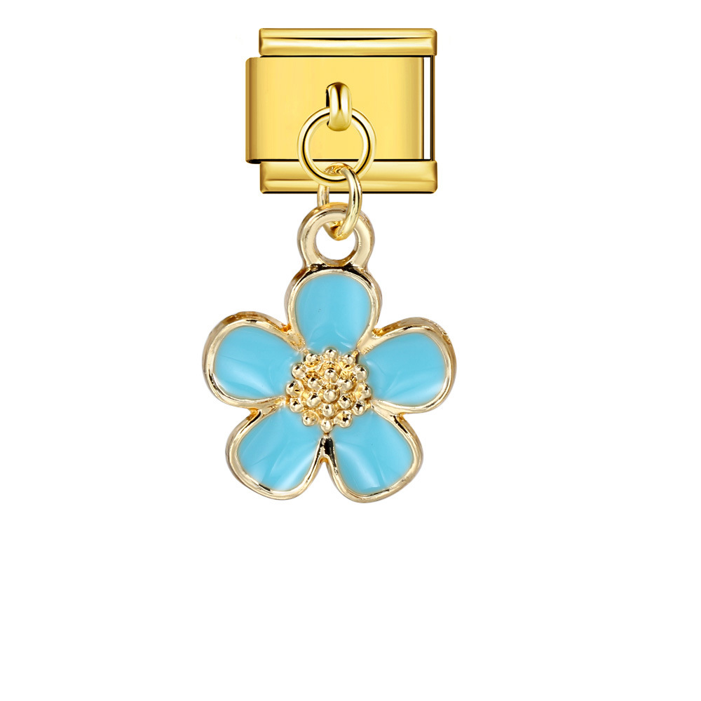 Italian charm modular bracelet with single flower handmade pendant, titanium steel watch strap.