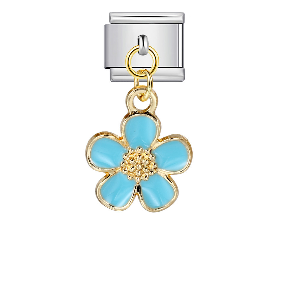 Italian charm modular bracelet with single flower handmade pendant, titanium steel watch strap.