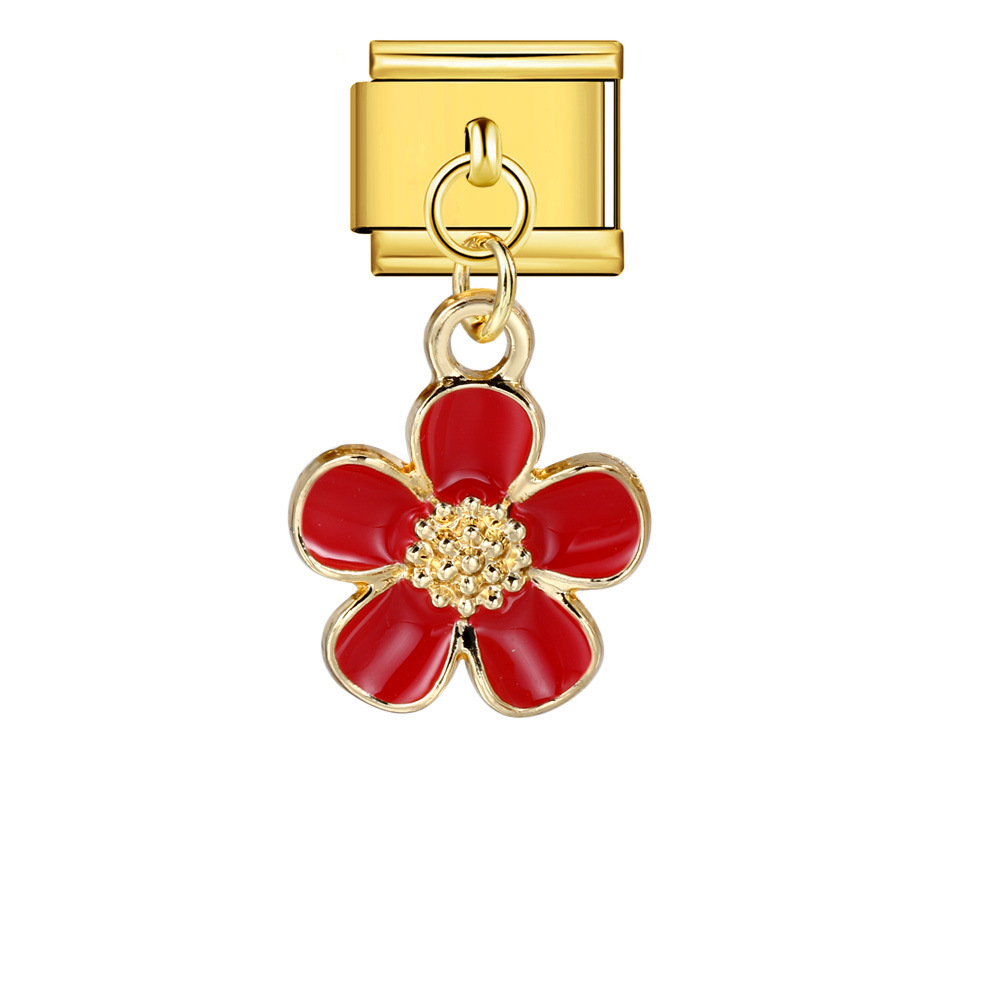 Italian charm modular bracelet with single flower handmade pendant, titanium steel watch strap.