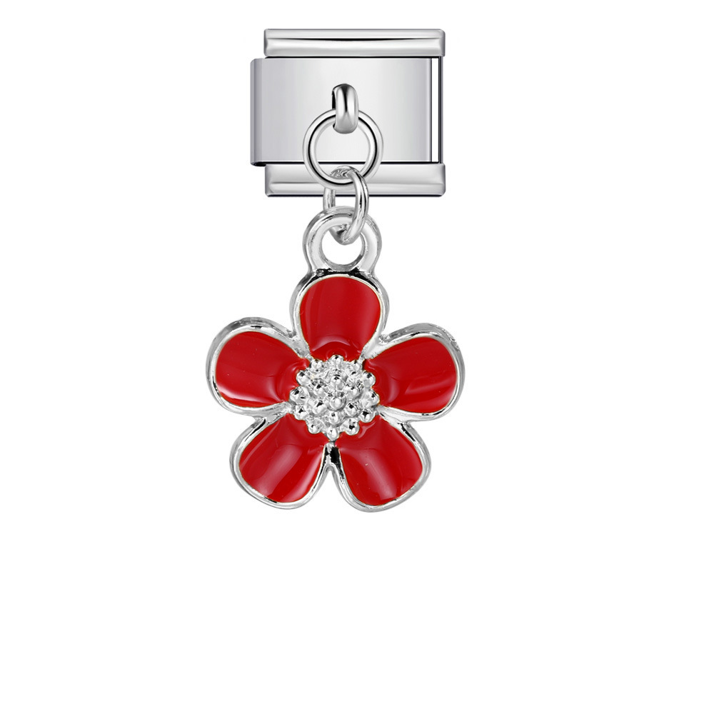 Italian charm modular bracelet with single flower handmade pendant, titanium steel watch strap.