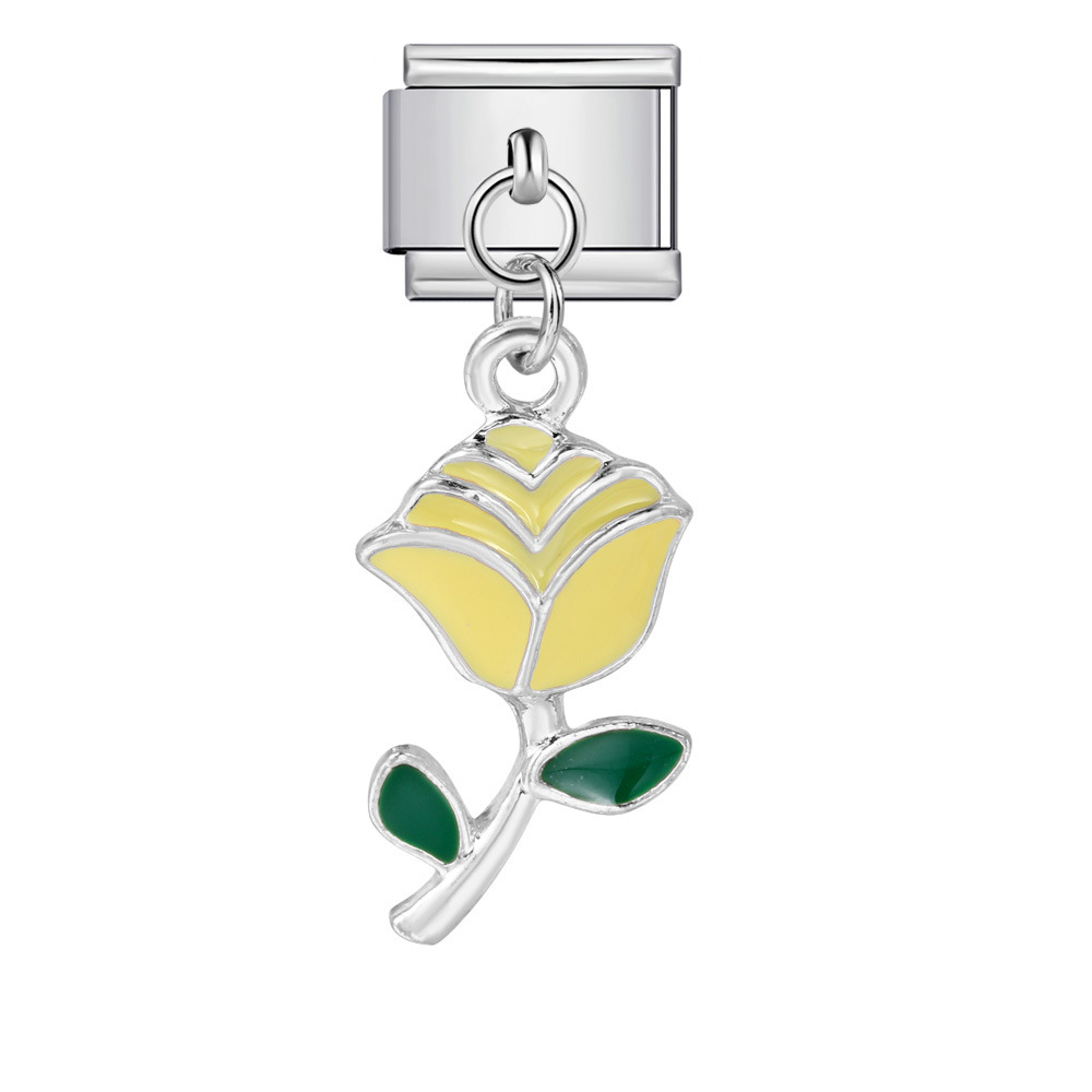 Italian charm modular bracelet with single flower handmade pendant, titanium steel watch strap.