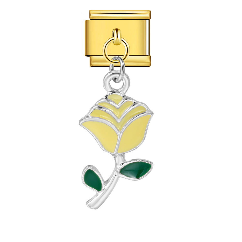 Italian charm modular bracelet with single flower handmade pendant, titanium steel watch strap.