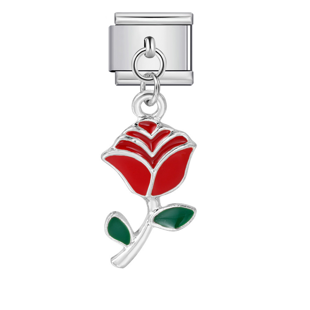 Italian charm modular bracelet with single flower handmade pendant, titanium steel watch strap.