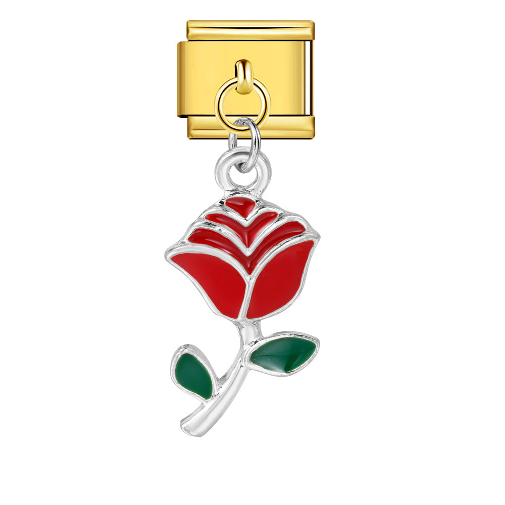 Italian charm modular bracelet with single flower handmade pendant, titanium steel watch strap.