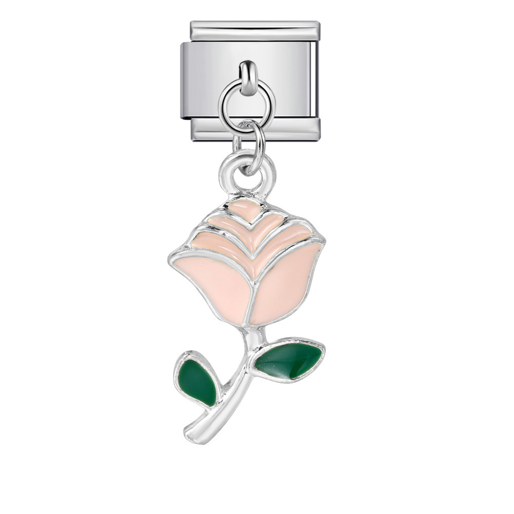 Italian charm modular bracelet with single flower handmade pendant, titanium steel watch strap.