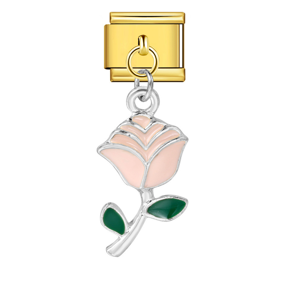 Italian charm modular bracelet with single flower handmade pendant, titanium steel watch strap.