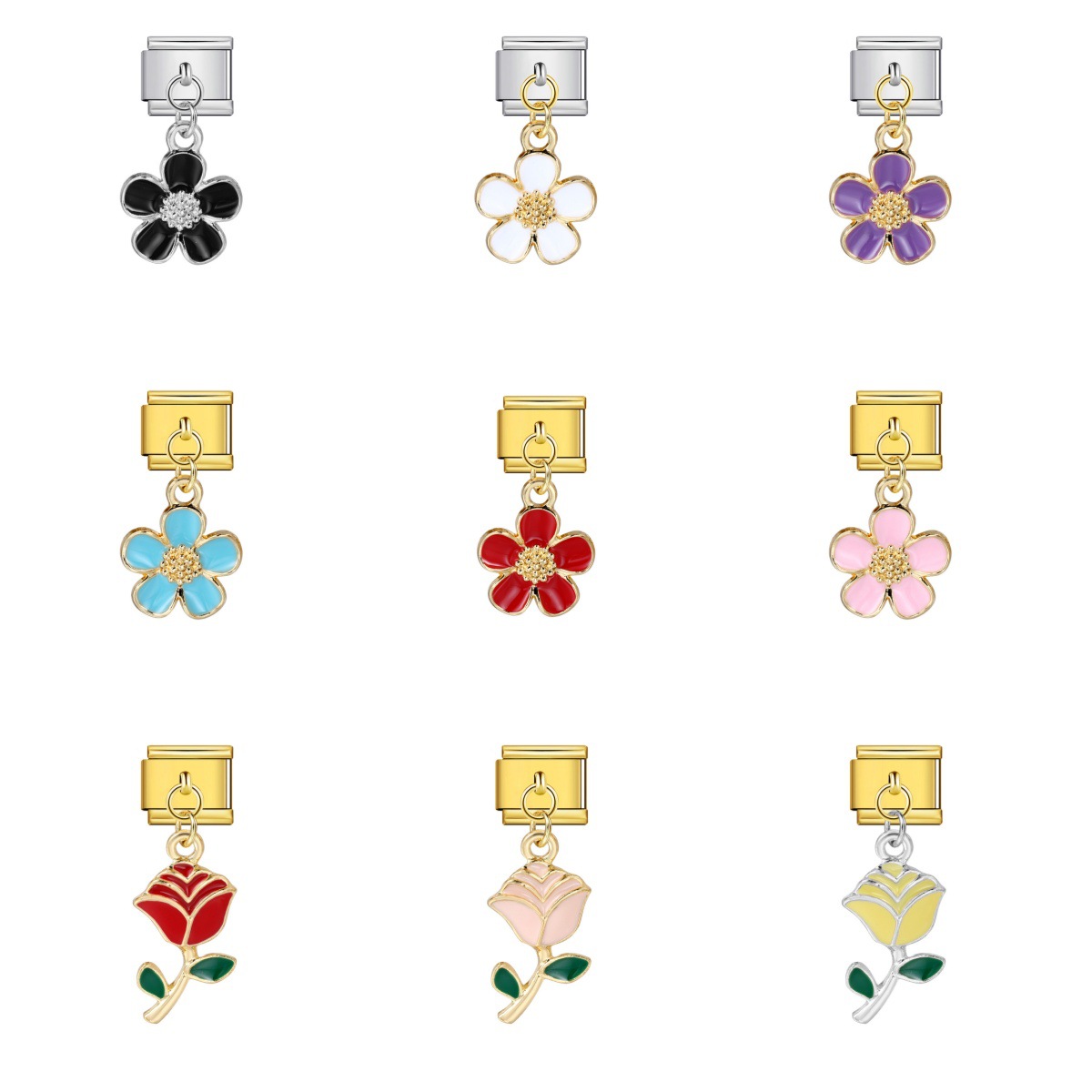 Italian charm modular bracelet with single flower handmade pendant, titanium steel watch strap.