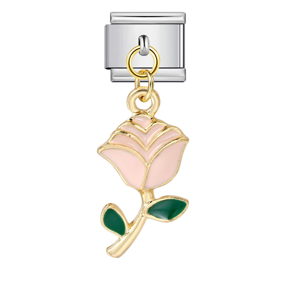 Italian charm modular bracelet with single flower handmade pendant, titanium steel watch strap.