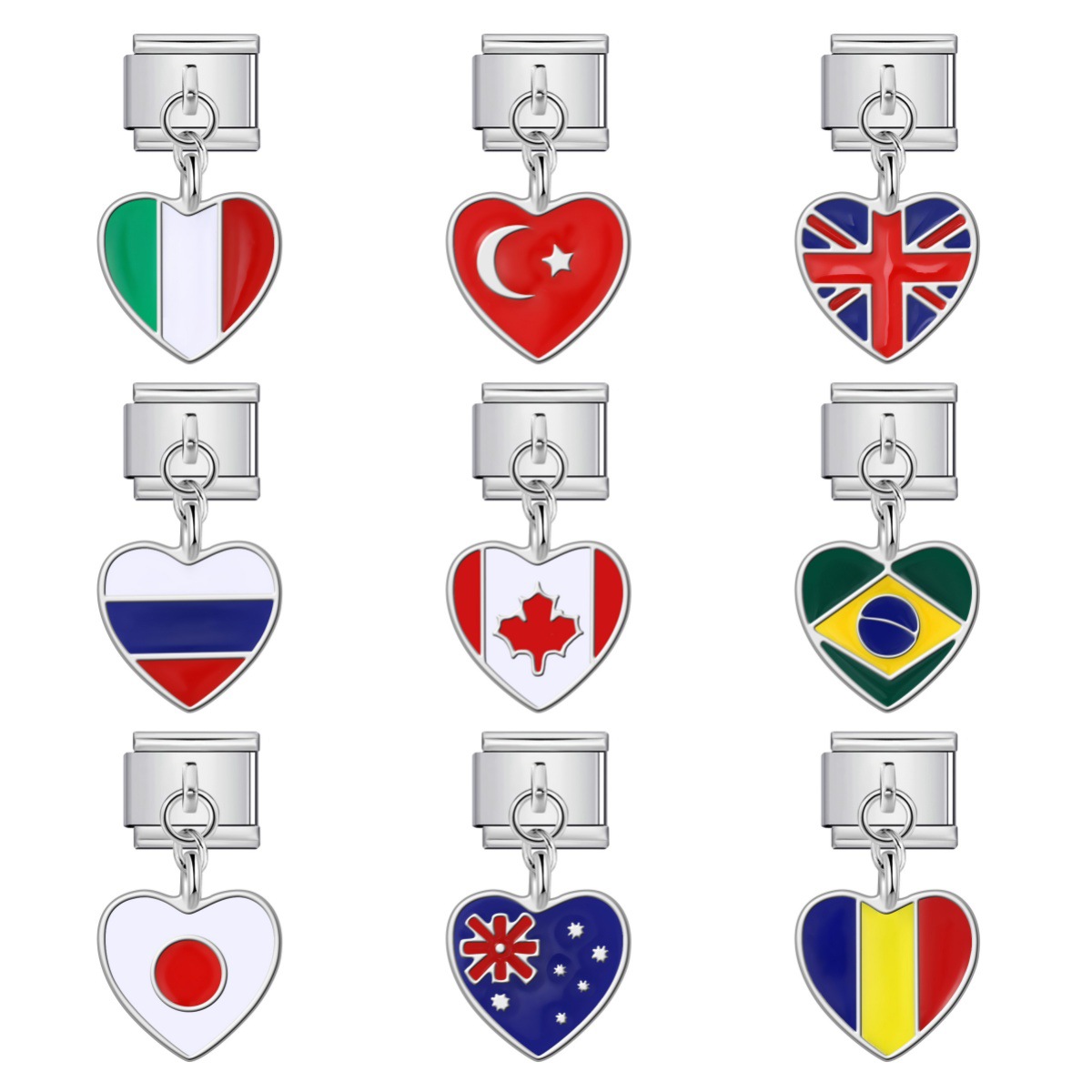 Heart-shaped national flag pendant, Italian modular bracelet, single hook, DIY elastic splicing titanium steel watch strap chain.