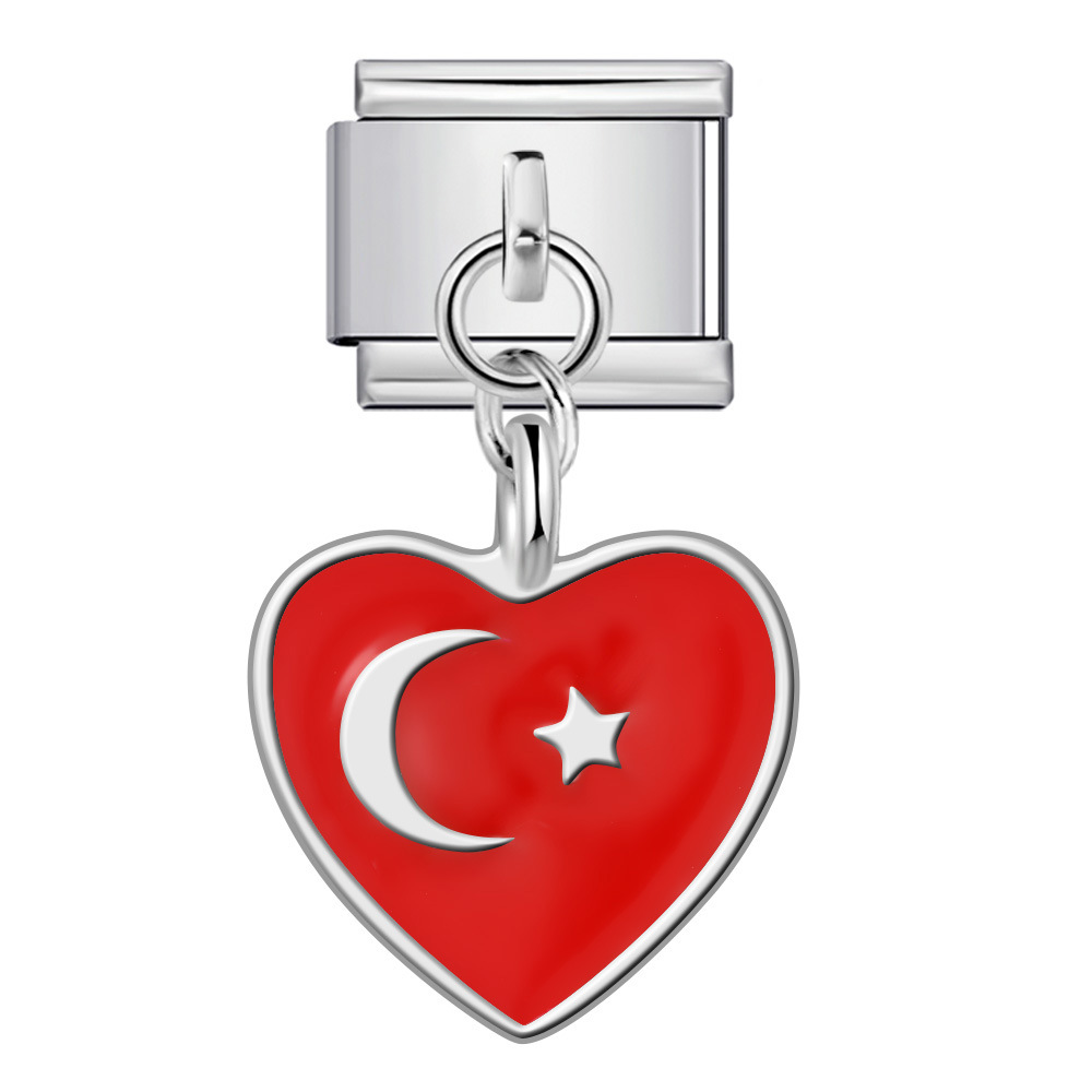 Heart-shaped national flag pendant, Italian modular bracelet, single hook, DIY elastic splicing titanium steel watch strap chain.