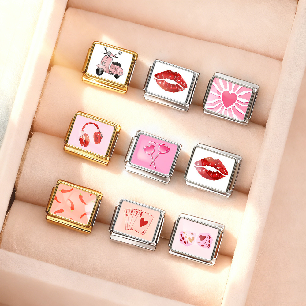 Pink Italian modular bracelet, detachable stainless steel DIY elastic bracelet, a great gift for little girls.