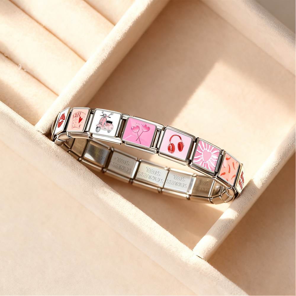 Pink Italian modular bracelet, detachable stainless steel DIY elastic bracelet, a great gift for little girls.