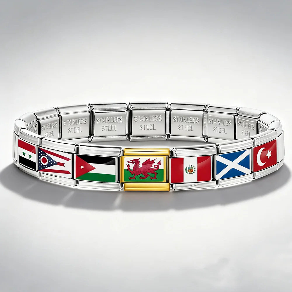 New gold and silver Italian modular bracelet with national flag design, stainless steel DIY detachable and modular bracelet.