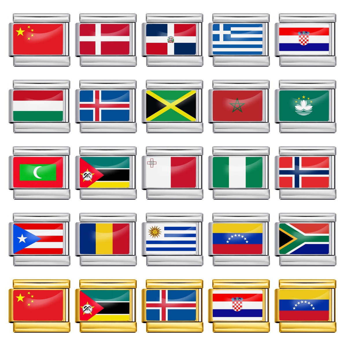 Wholesale of gold and silver background world flag photos, epoxy resin series, stainless steel DIY Italian modular bracelet accessories.