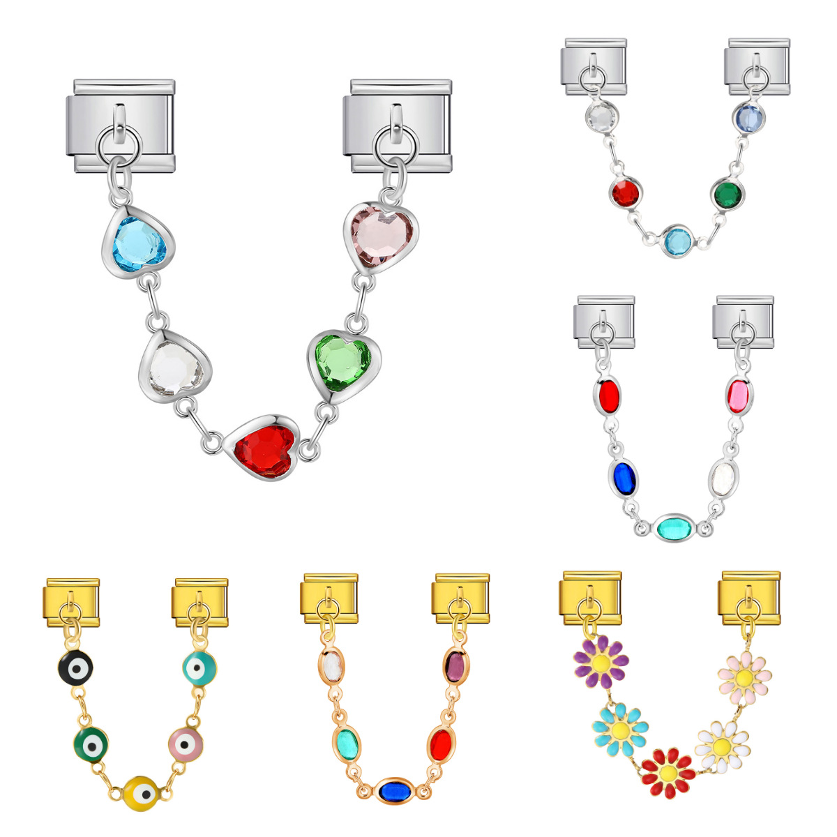 Cross-border hot-selling double pendant Italian modular bracelet with flower and evil eye design, stainless steel DIY jewelry.