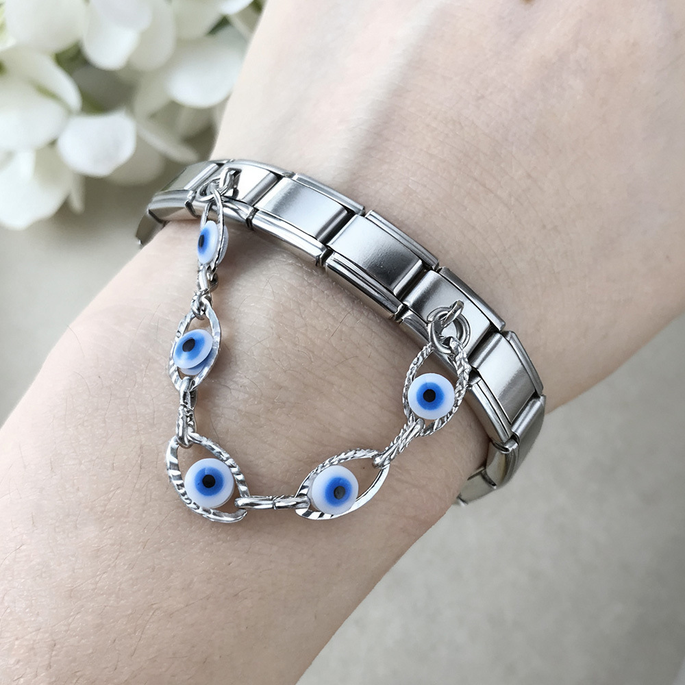 Cross-border hot-selling double pendant Italian modular bracelet with flower and evil eye design, stainless steel DIY jewelry.