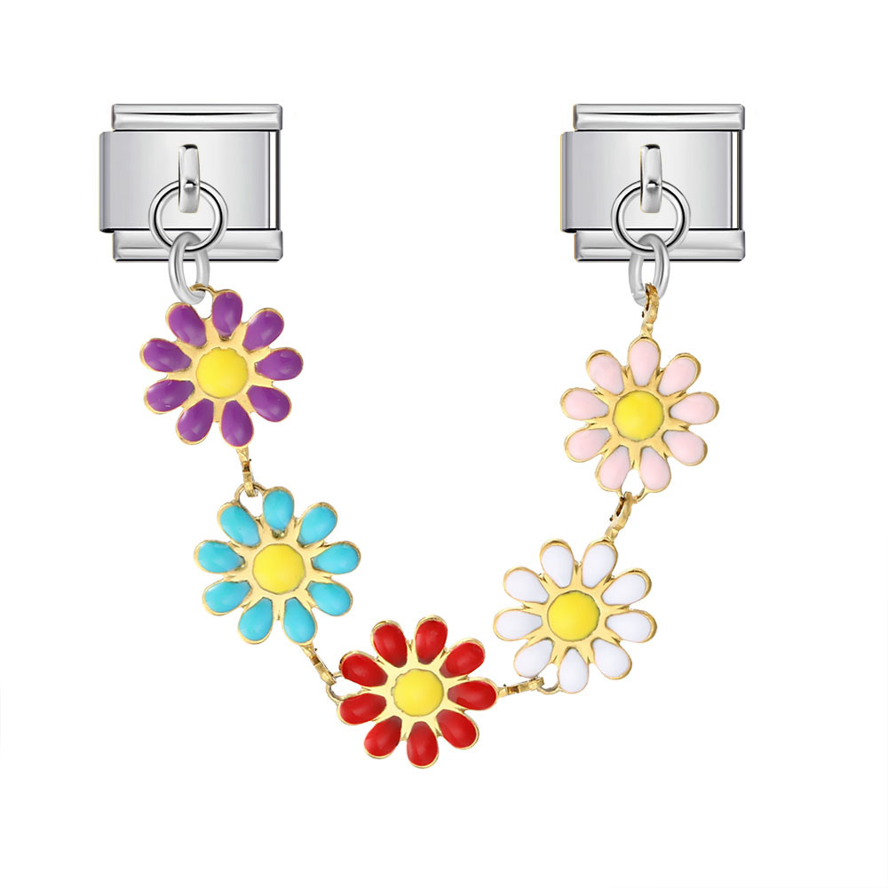 Cross-border hot-selling double pendant Italian modular bracelet with flower and evil eye design, stainless steel DIY jewelry.