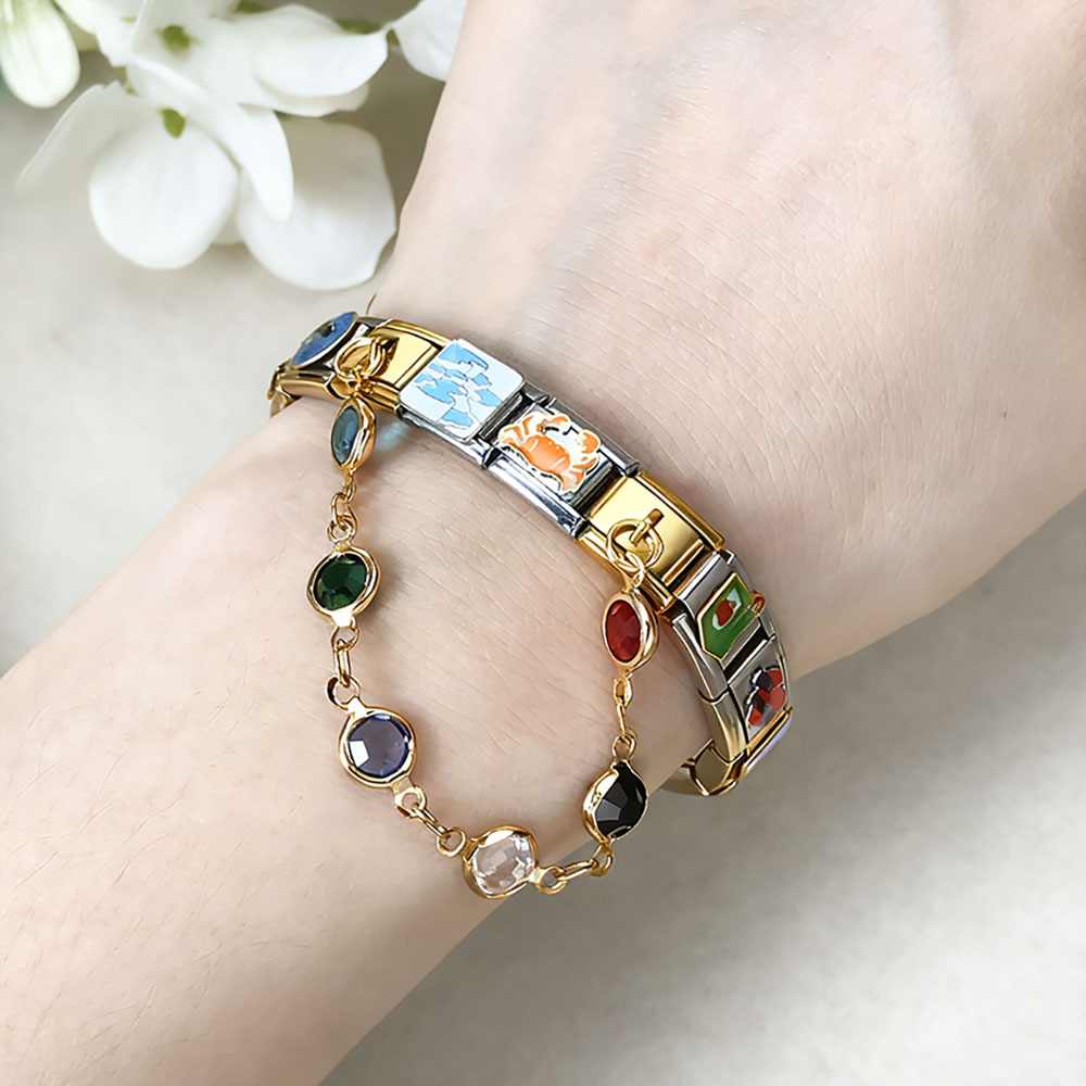 Cross-border hot-selling double pendant Italian modular bracelet with flower and evil eye design, stainless steel DIY jewelry.