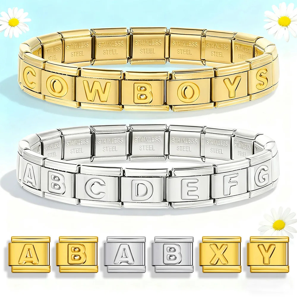 Gold and silver base, concave surface, 26 English letters, titanium steel, handmade DIY Italian modular bracelet, basic chain, module accessories.
