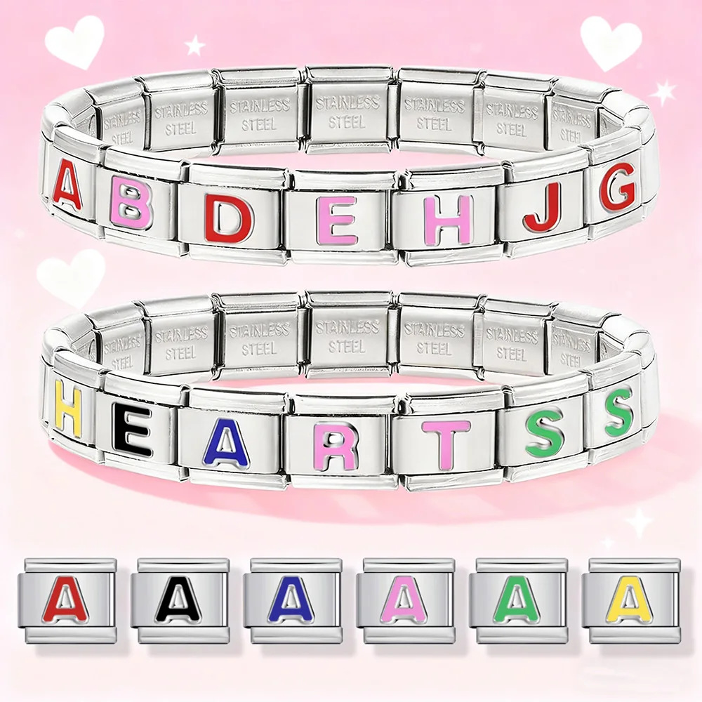 New 6-color letter-embossed Italian modular bracelet, titanium steel stamping, dripping oil DIY elastic splicing fashion bracelet