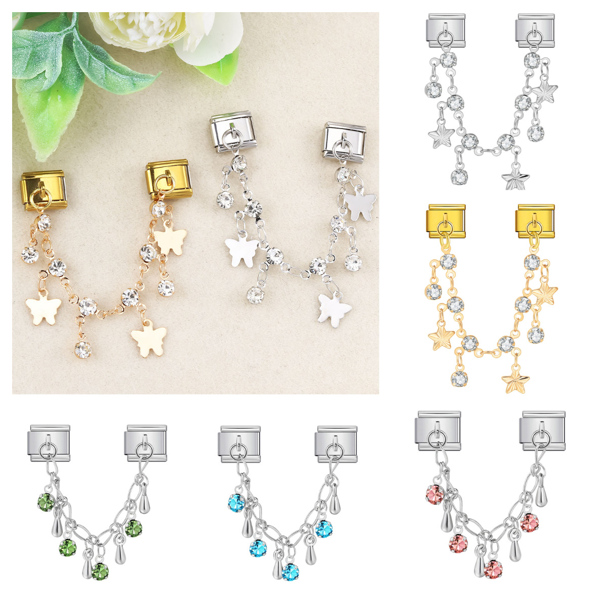 Butterfly and star-shaped pendant Italian modular bracelet stainless steel double hook DIY elastic bangle accessory