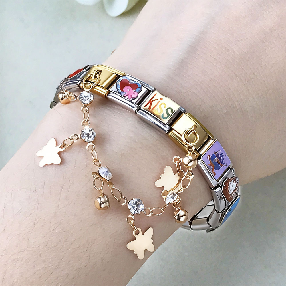 Butterfly and star-shaped pendant Italian modular bracelet stainless steel double hook DIY elastic bangle accessory