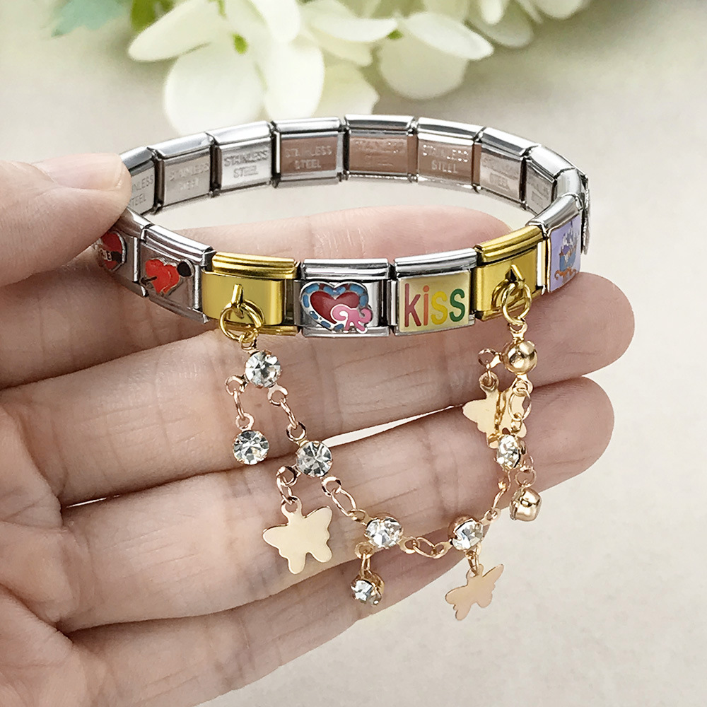 Butterfly and star-shaped pendant Italian modular bracelet stainless steel double hook DIY elastic bangle accessory