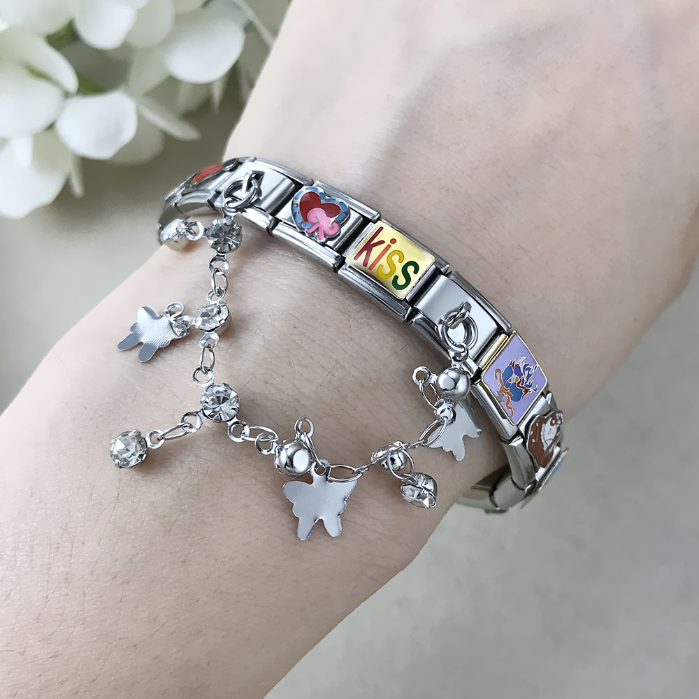 Butterfly and star-shaped pendant Italian modular bracelet stainless steel double hook DIY elastic bangle accessory