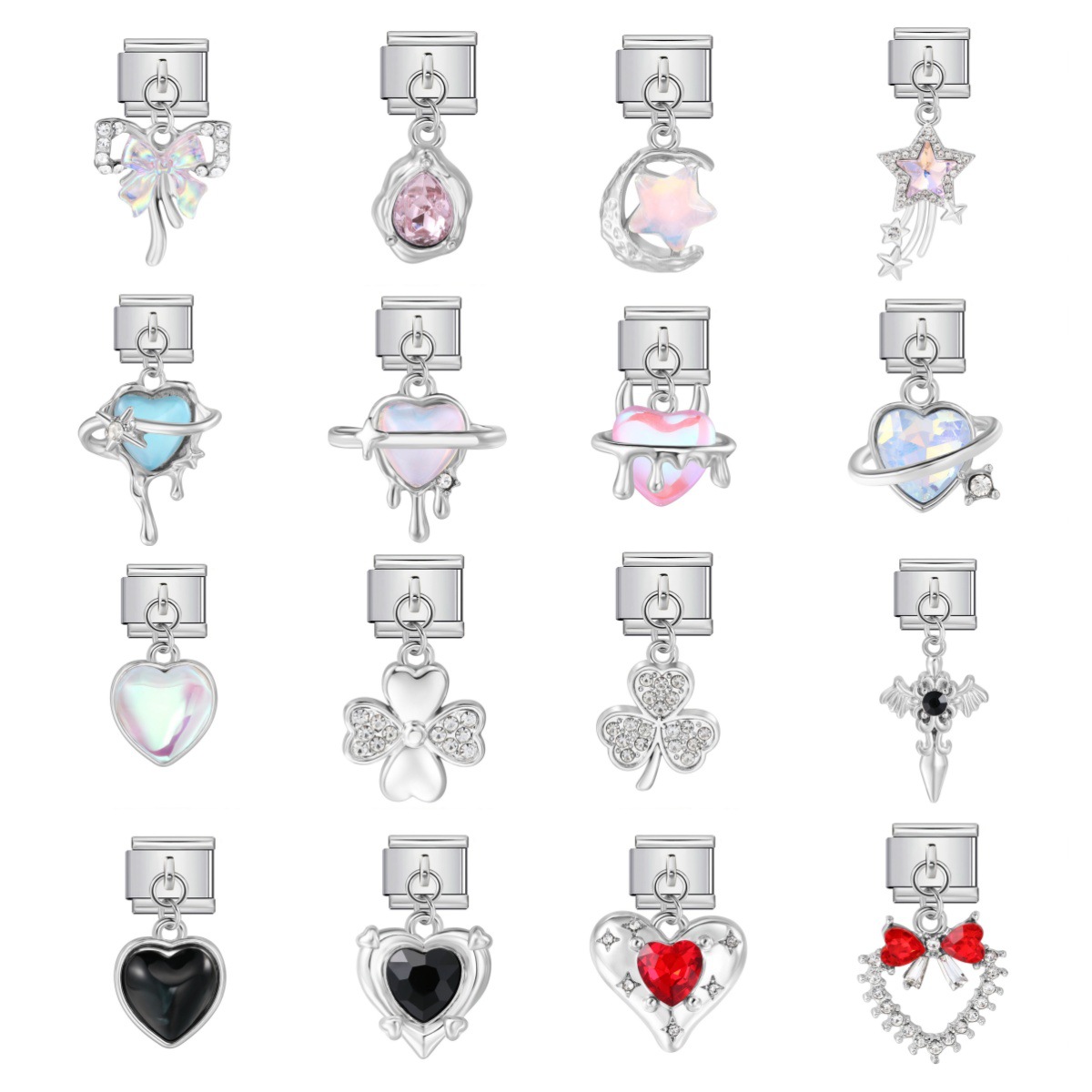 Colorful Heart Moon Bow Pendant Italian Modular Bracelet Stainless Steel Elastic Patchwork DIY Watch Strap Chain
