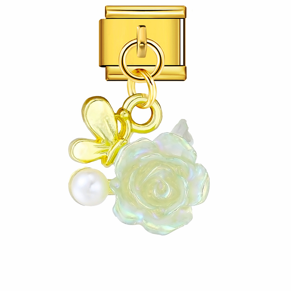 Heart and Flower Pendant Italian Modular Bracelet with Single Hook, Titanium Steel Elastic Composite Strap Chain
