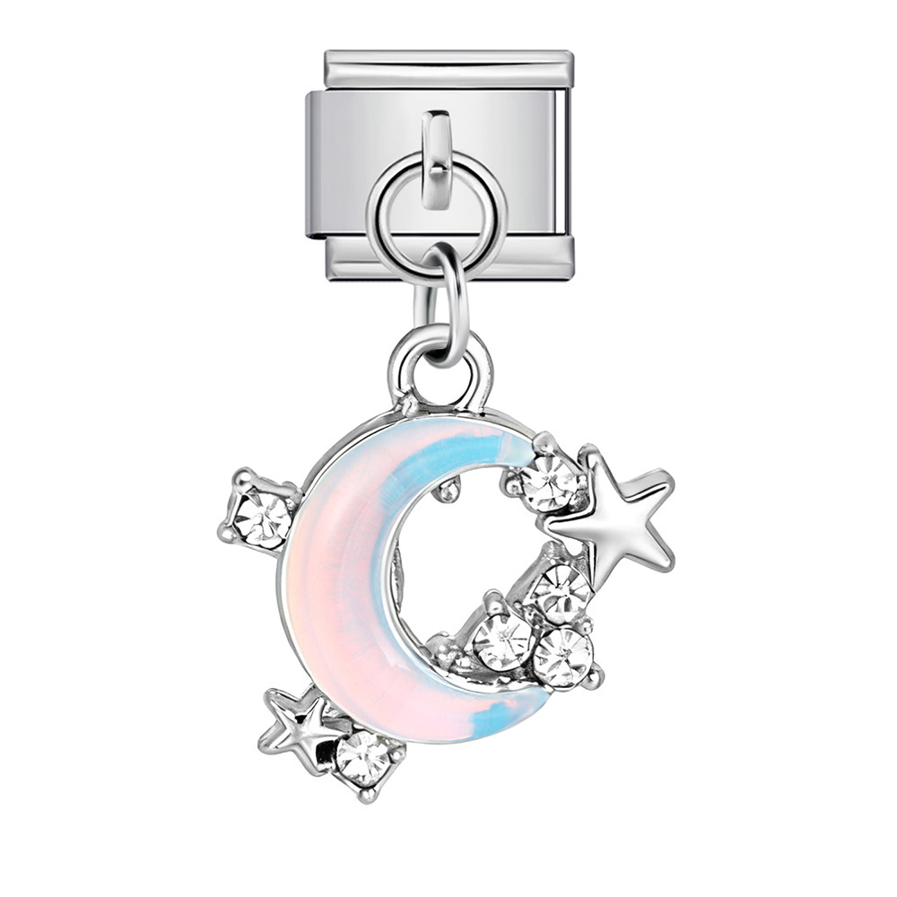 Heart and Flower Pendant Italian Modular Bracelet with Single Hook, Titanium Steel Elastic Composite Strap Chain