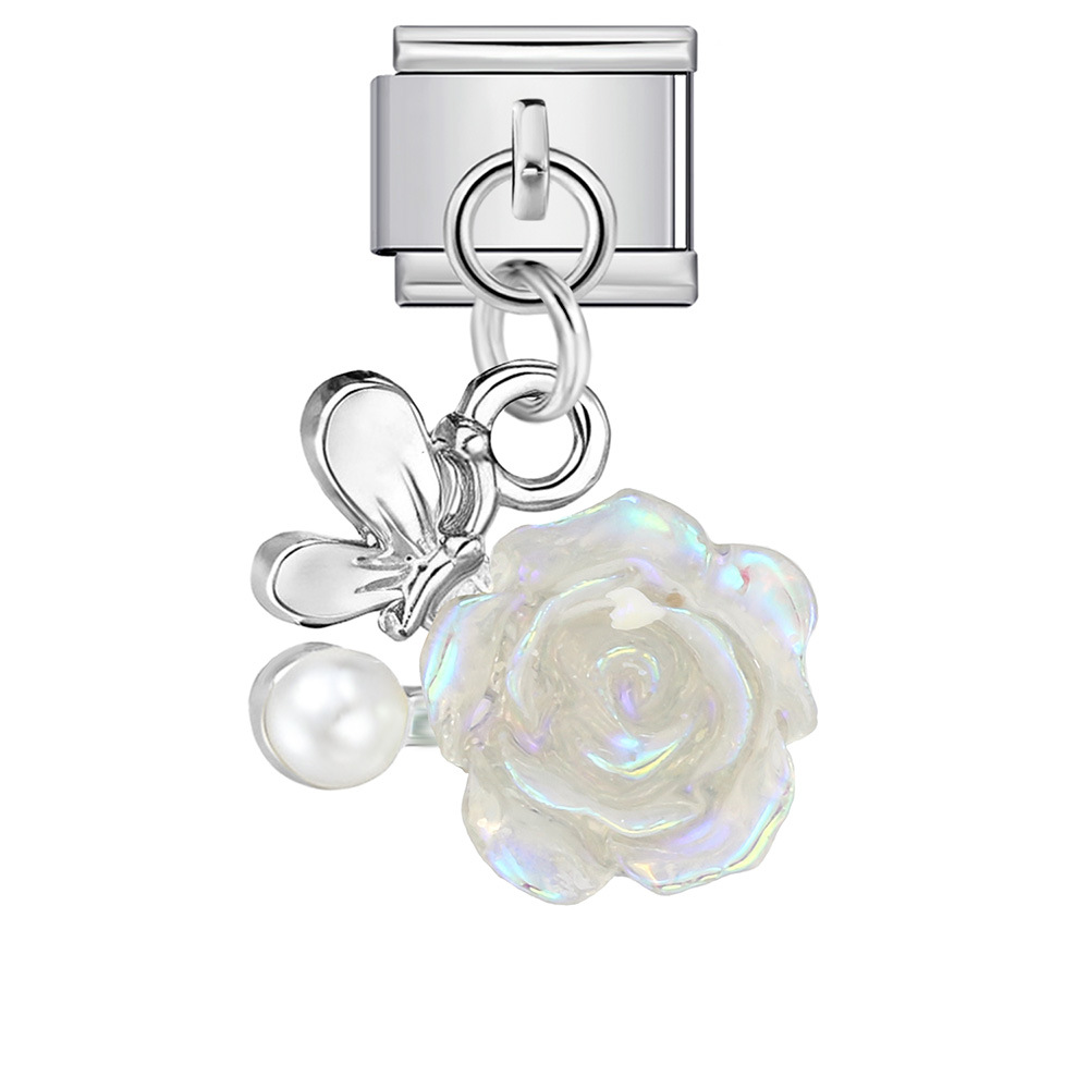 Heart and Flower Pendant Italian Modular Bracelet with Single Hook, Titanium Steel Elastic Composite Strap Chain