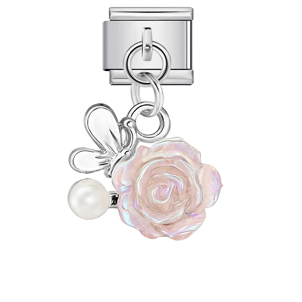 Heart and Flower Pendant Italian Modular Bracelet with Single Hook, Titanium Steel Elastic Composite Strap Chain