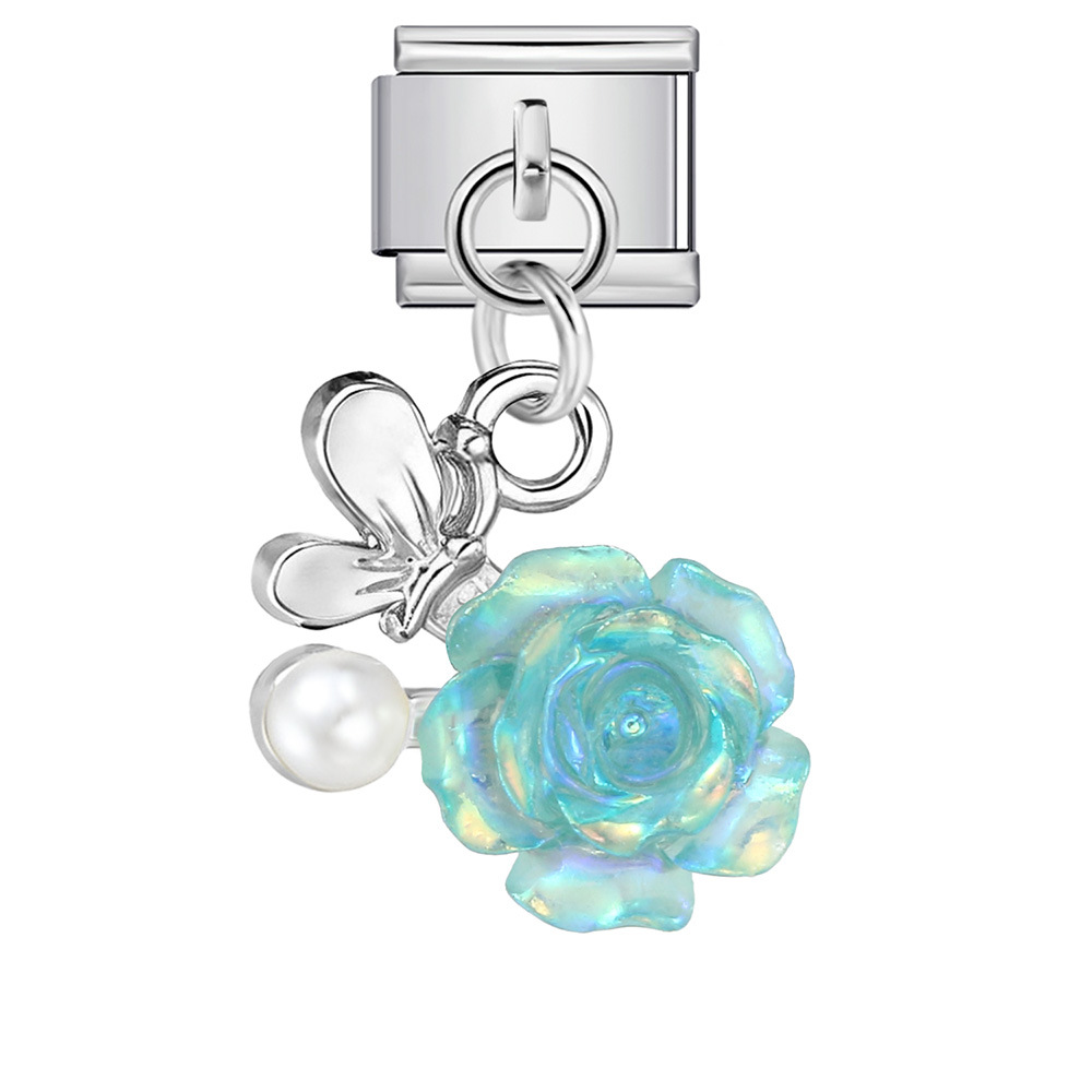 Heart and Flower Pendant Italian Modular Bracelet with Single Hook, Titanium Steel Elastic Composite Strap Chain