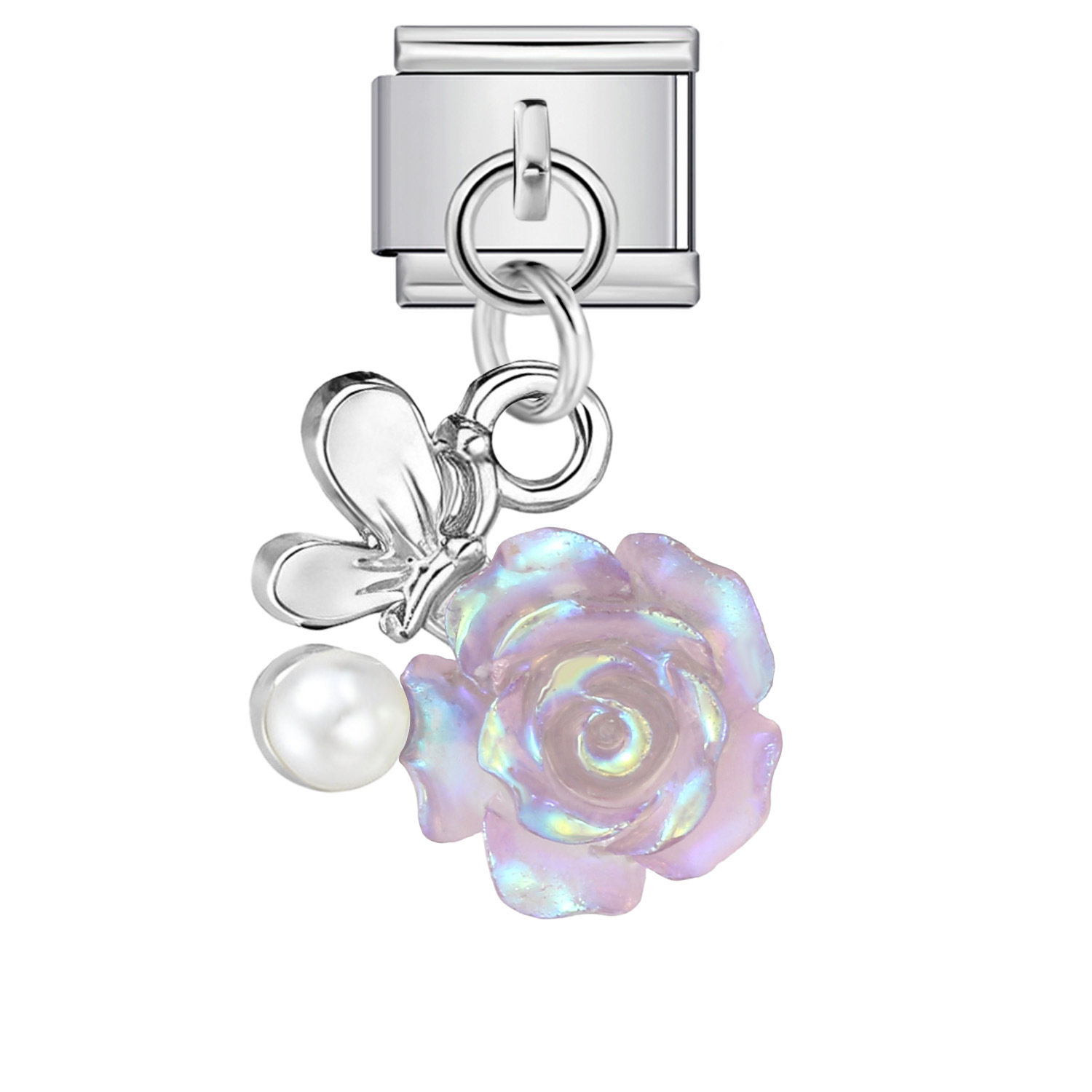 Heart and Flower Pendant Italian Modular Bracelet with Single Hook, Titanium Steel Elastic Composite Strap Chain