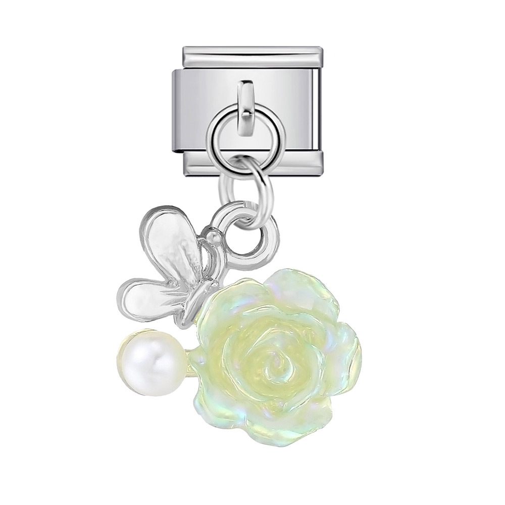 Heart and Flower Pendant Italian Modular Bracelet with Single Hook, Titanium Steel Elastic Composite Strap Chain