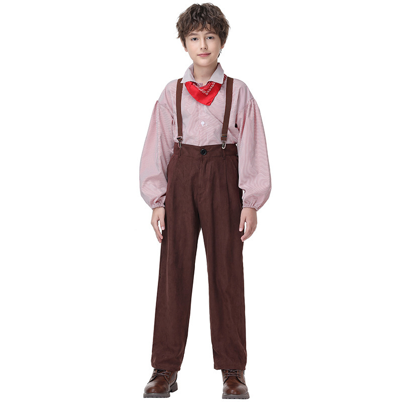 Retro-style boys' overalls set, striped shirt with red scarf, British school style, suitable for both performances and everyday wear.