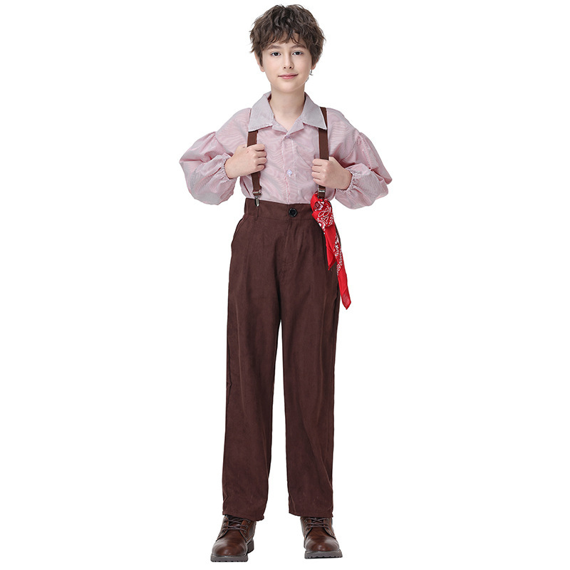 Retro-style boys' overalls set, striped shirt with red scarf, British school style, suitable for both performances and everyday wear.