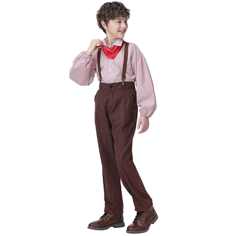 Retro-style boys' overalls set, striped shirt with red scarf, British school style, suitable for both performances and everyday wear.