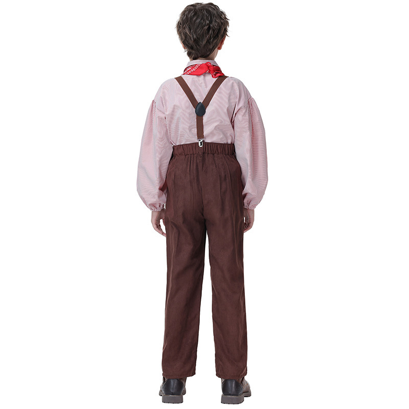 Retro-style boys' overalls set, striped shirt with red scarf, British school style, suitable for both performances and everyday wear.